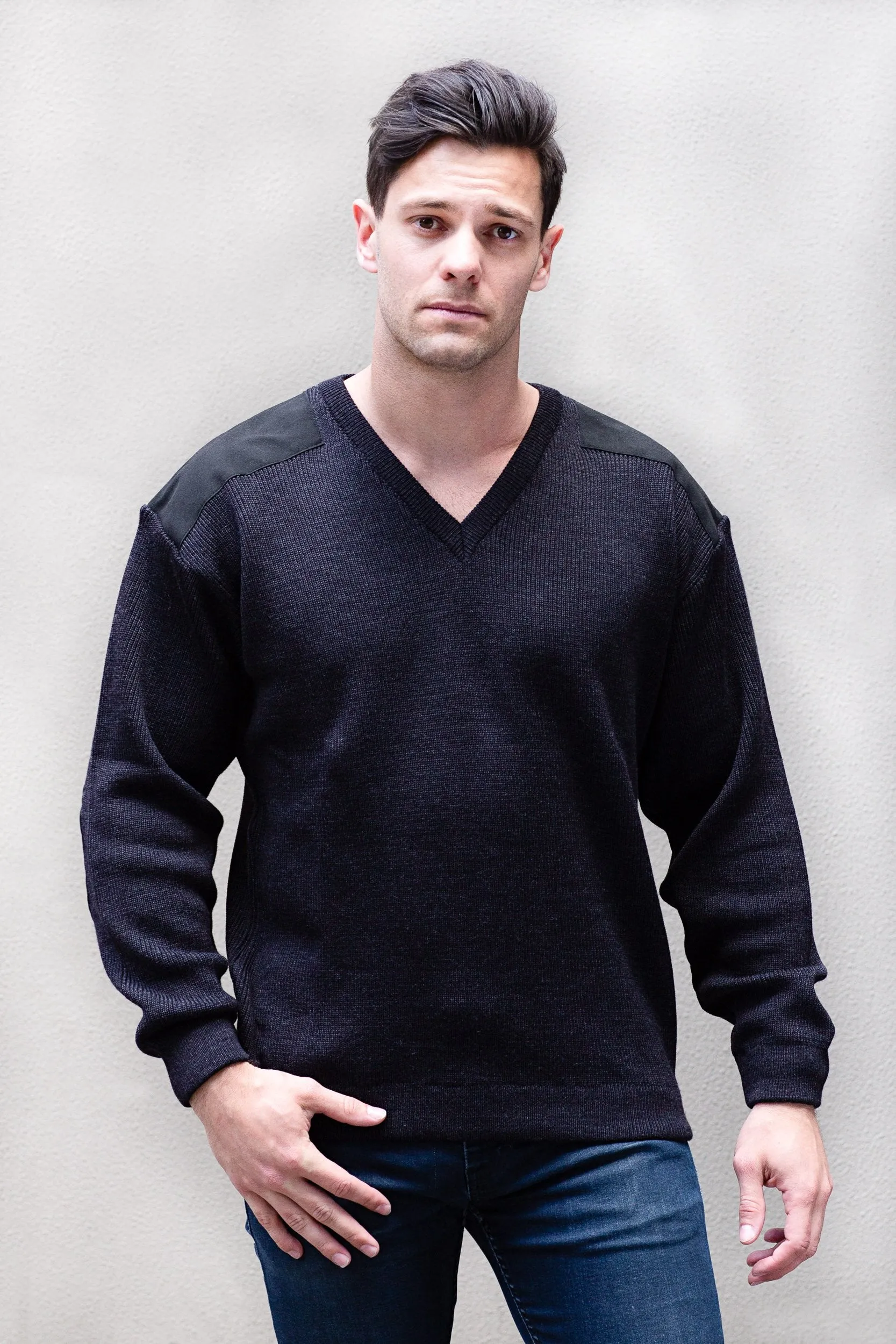 Men's V Neck Pullover With Suede Patches