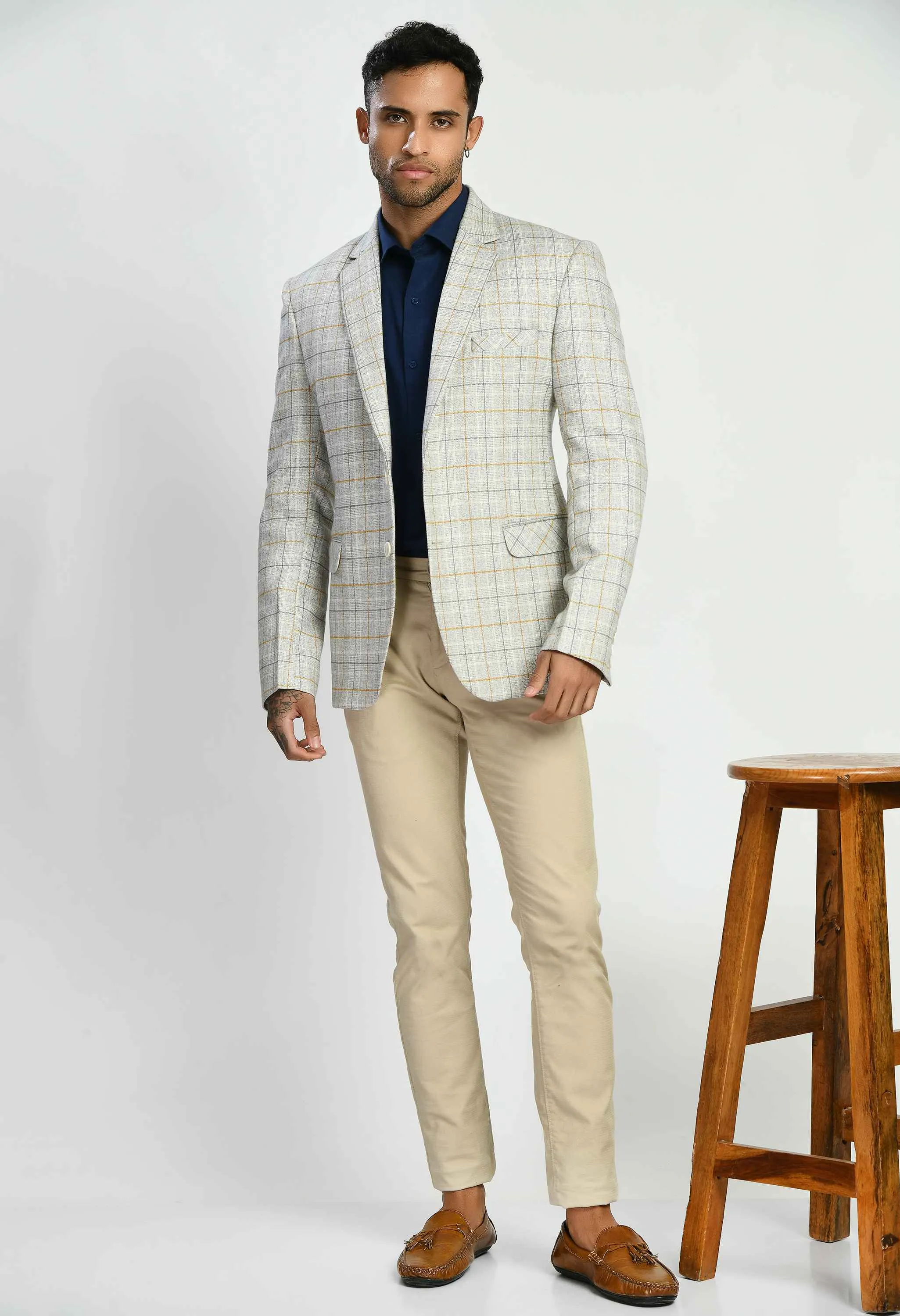 Men's White Checks Slim Fit Casual Blazer