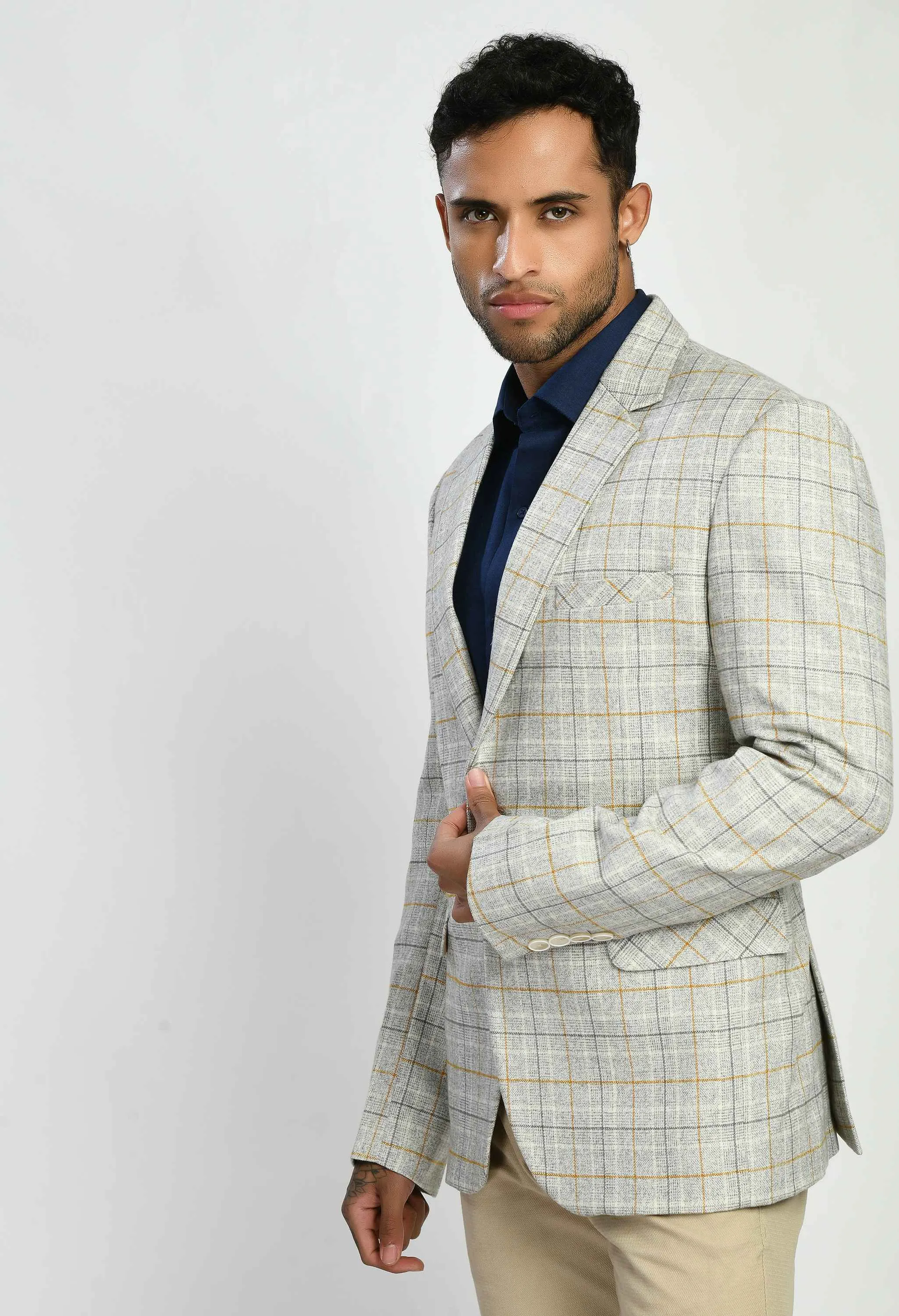 Men's White Checks Slim Fit Casual Blazer