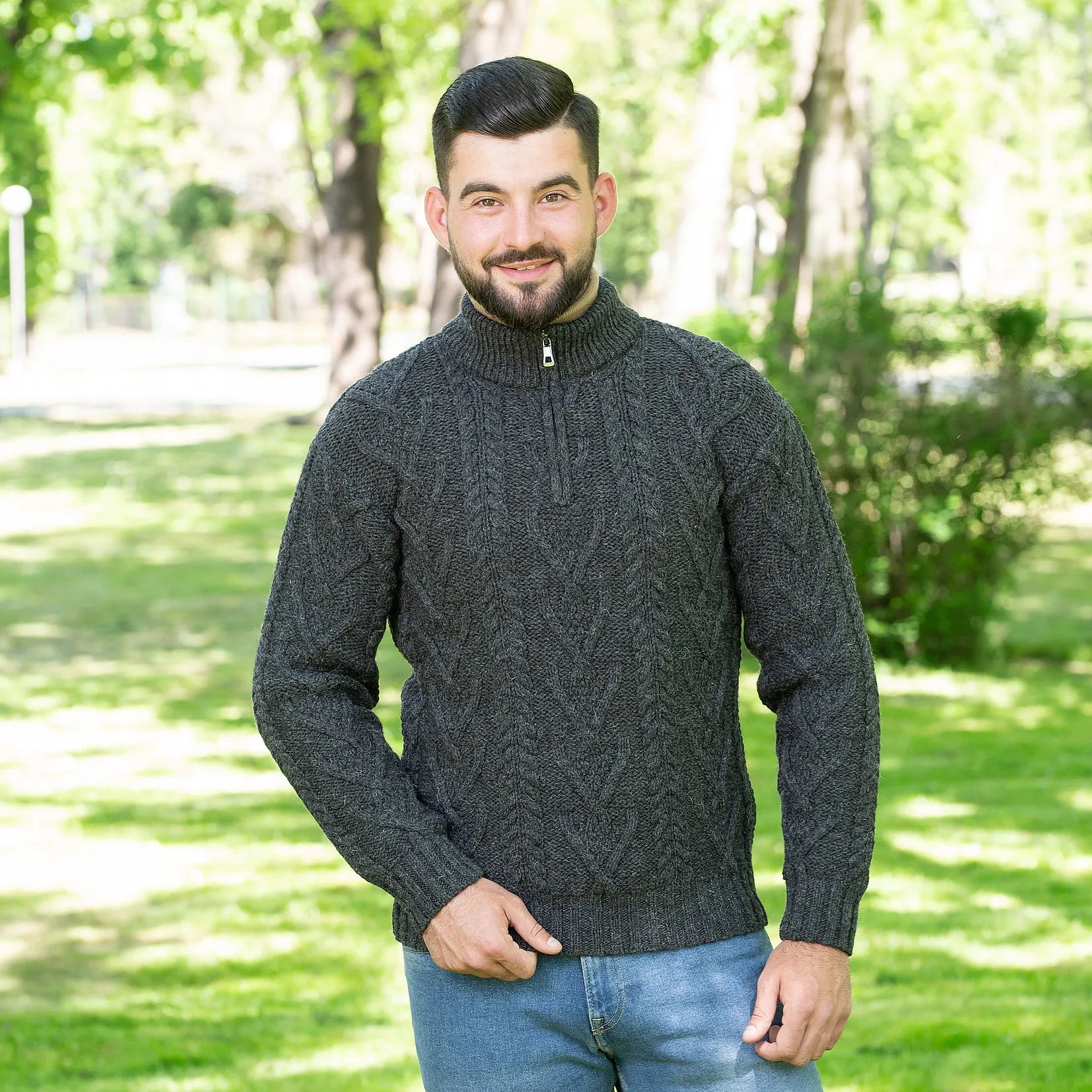 Merino Wool Half Zip Aran Sweater