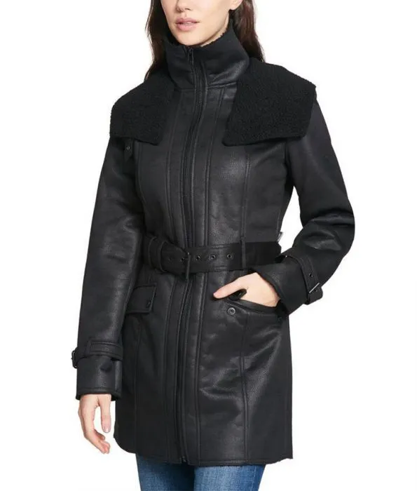 Mid-Length Trench Black Leather Jacket