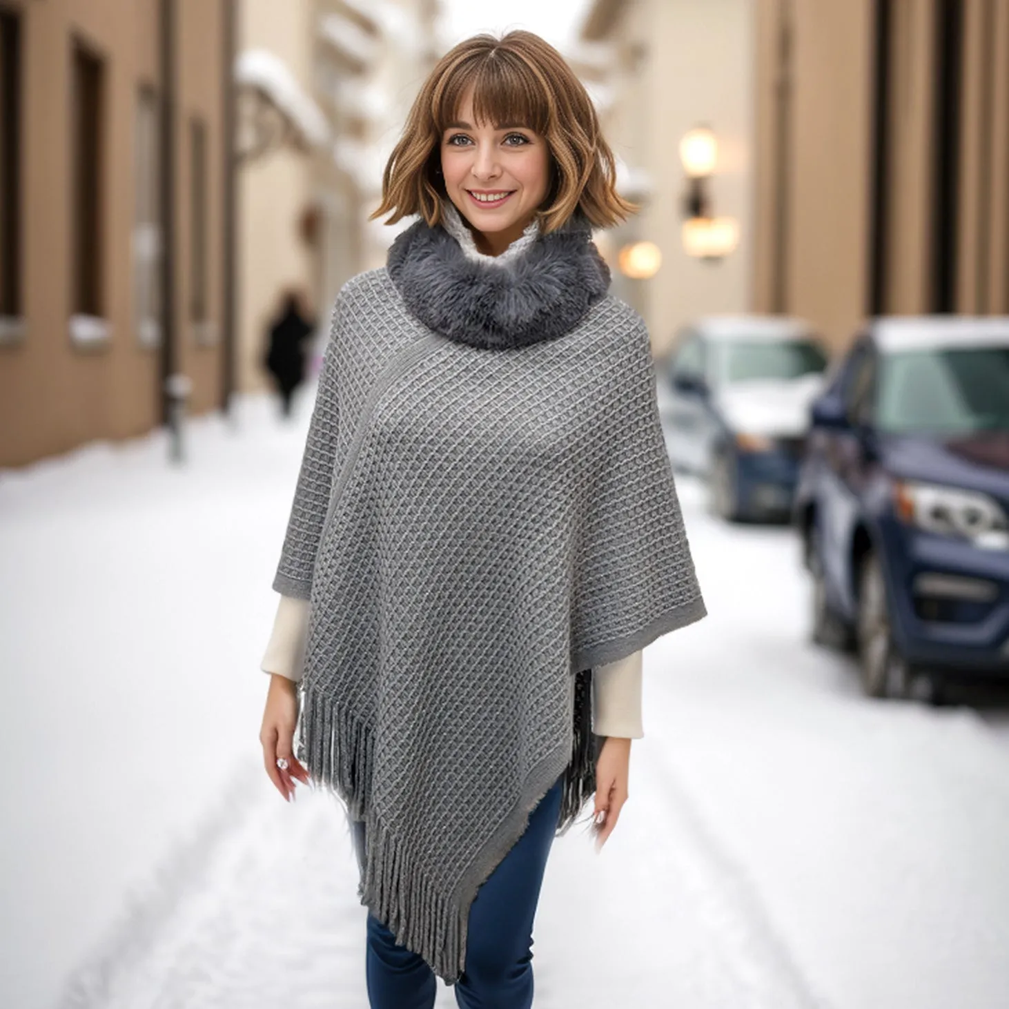 Musala - Knitted Silver Thread Poncho - Grey