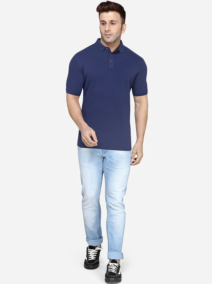 Navy Blue Solid Slim Fit Polo T-Shirt | JadeBlue