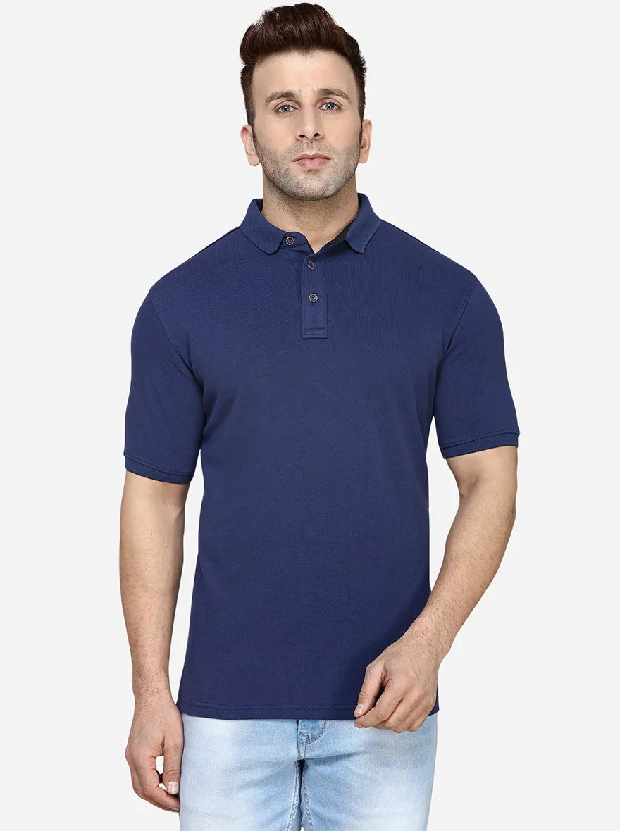 Navy Blue Solid Slim Fit Polo T-Shirt | JadeBlue