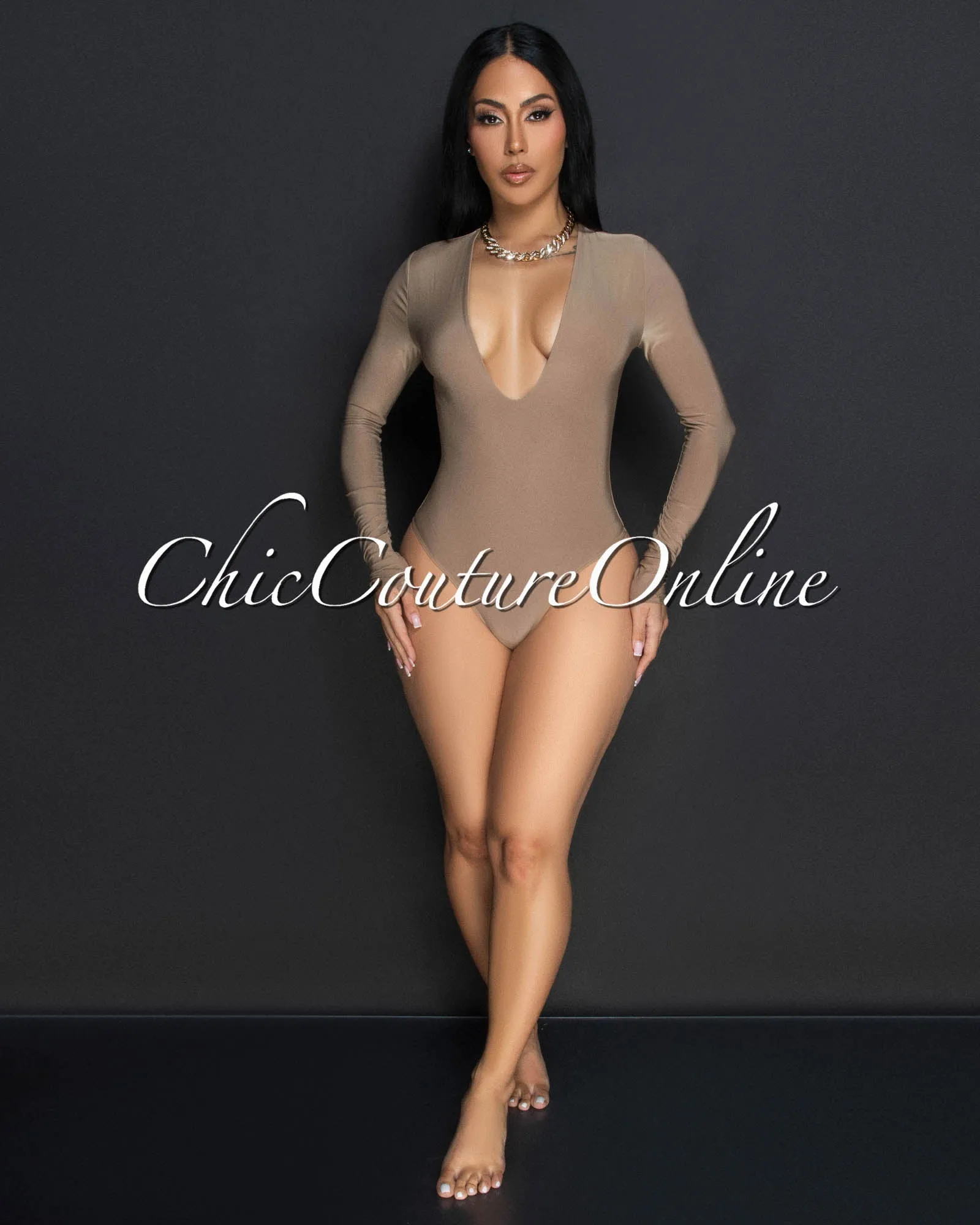 Nilam Mocha Deep V Neck Long Sleeves Bodysuit