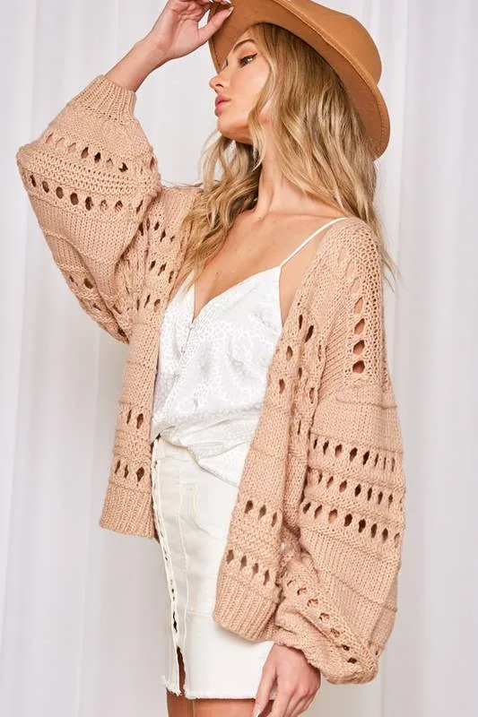 Open knit balloon sleeves sweater cardigan (Natural / Taupe)