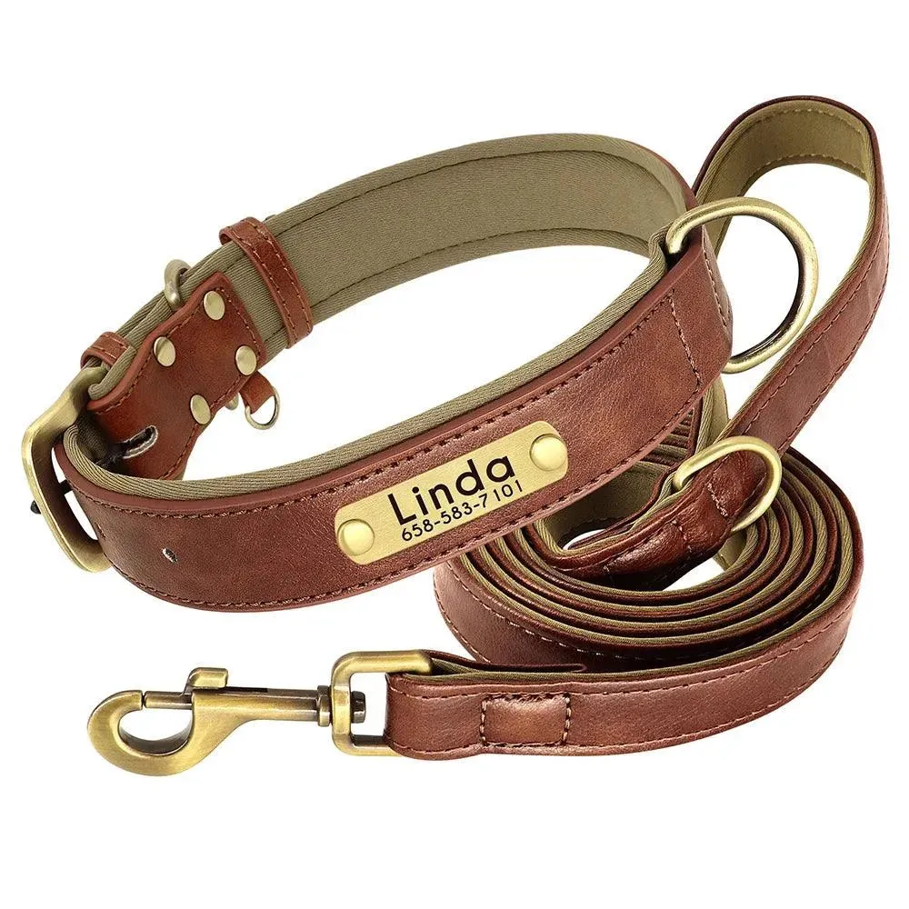 Personalized Leather Dog Collar Leash Set