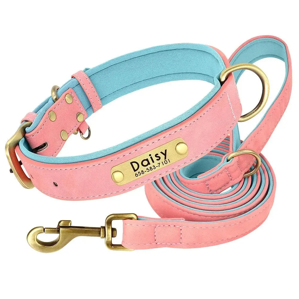 Personalized Leather Dog Collar Leash Set