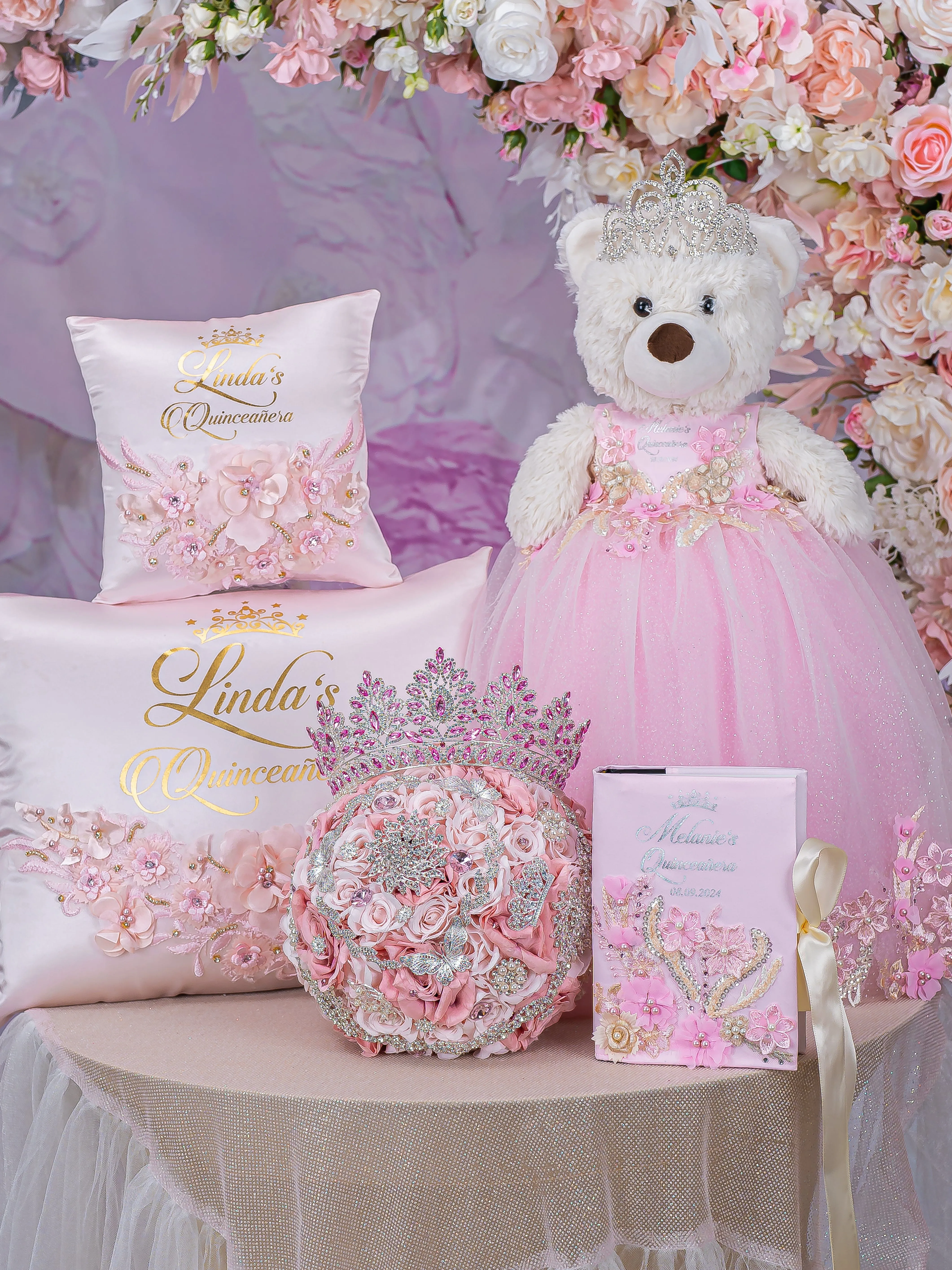 Pink Quinceanera bear, pillows set, bible, tiaras and bouquet 9 inches