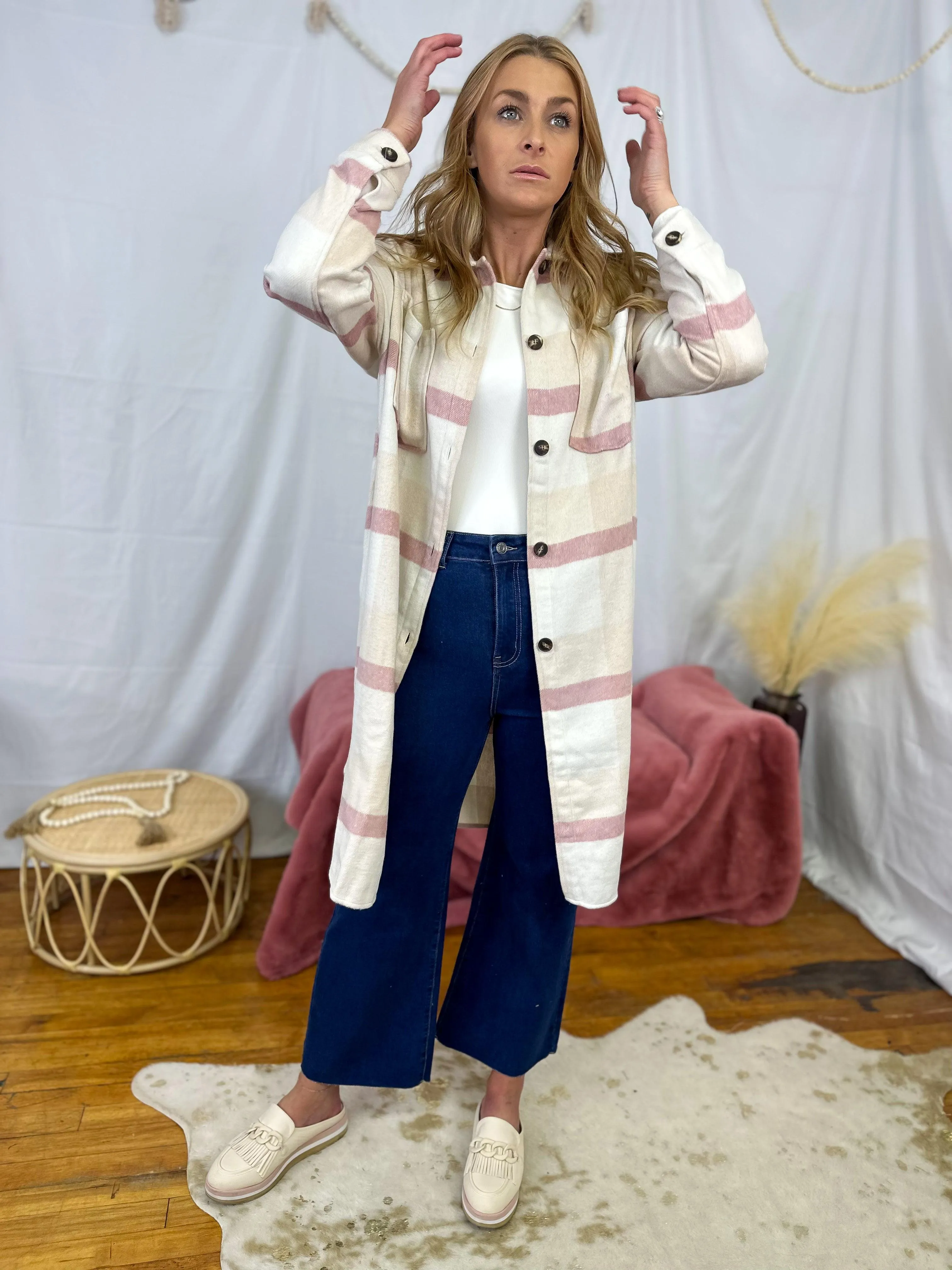 Pink/Ivory Brushed Plaid Maxi Shacket