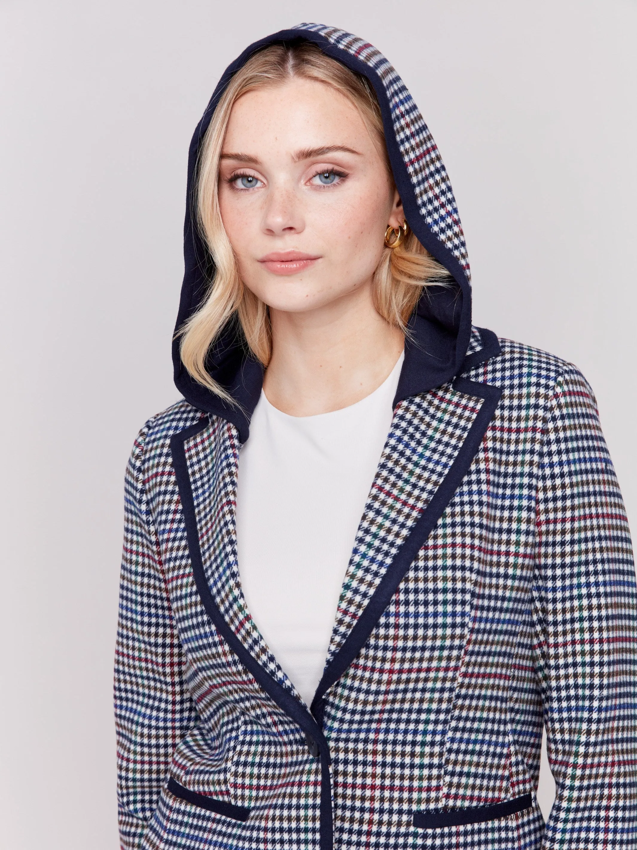 Plaid Woven Blazer with Hood - Almond