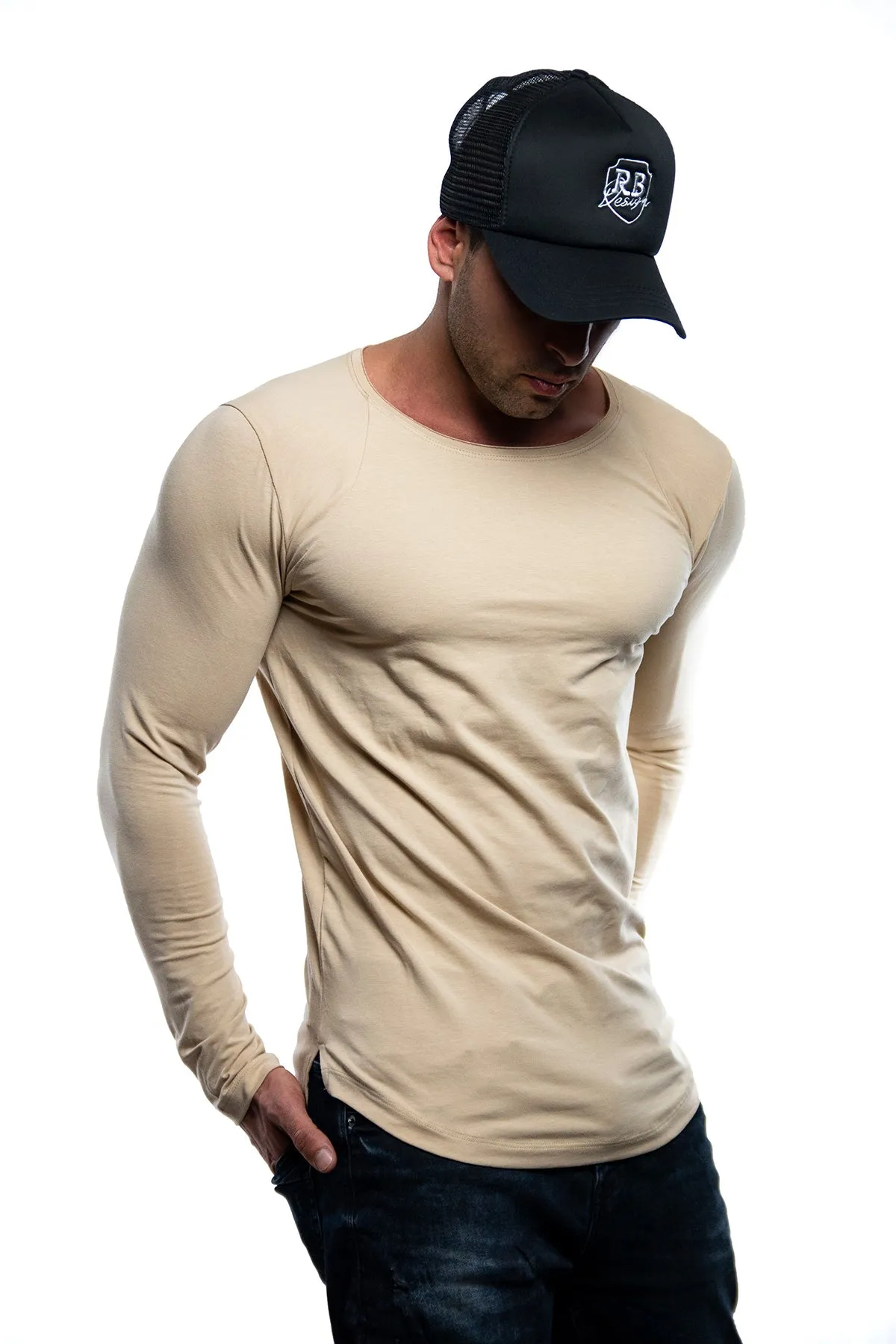 Plain Beige Scoop Neck Long Sleeve Shirt