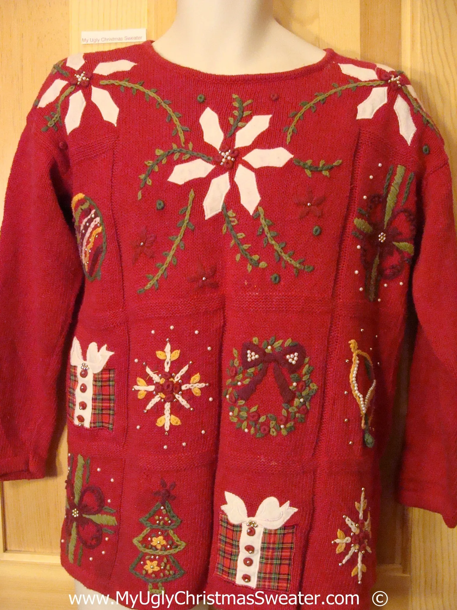 Red 80s Festive Christmas Sweater with White Poinsettias