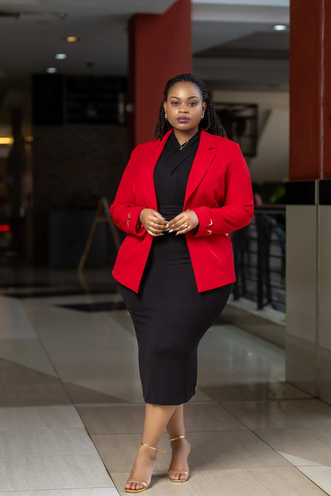 Red gold button blazer