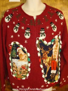 Red Knit with Nordic Snowmen Hottie Guy Ugly Christmas Sweater