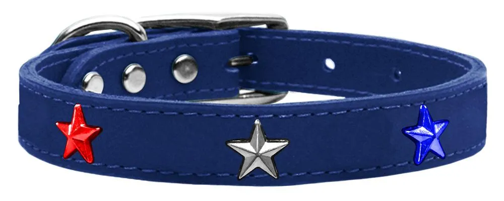 Red, White And Blue Star Widget Genuine Leather Dog Collar Blue 24