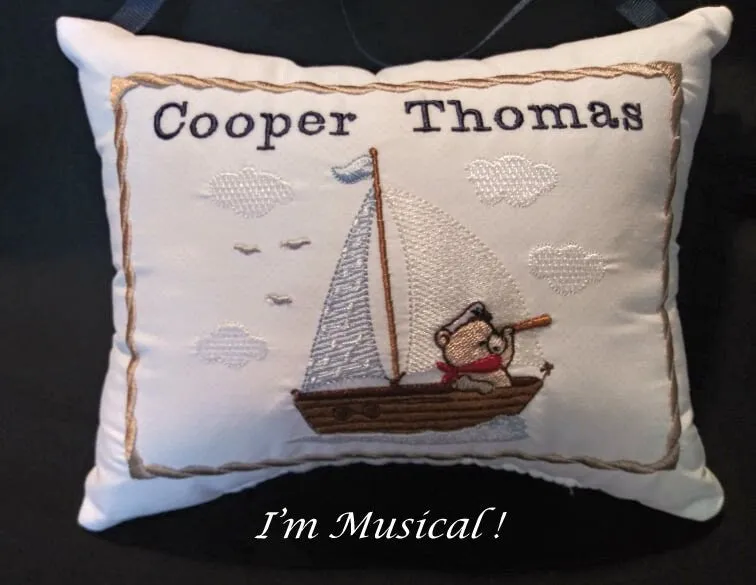 Sailboat and Teddy Bear Music Box Pillow -- Personalized Embroidered MUSICAL Keepsake