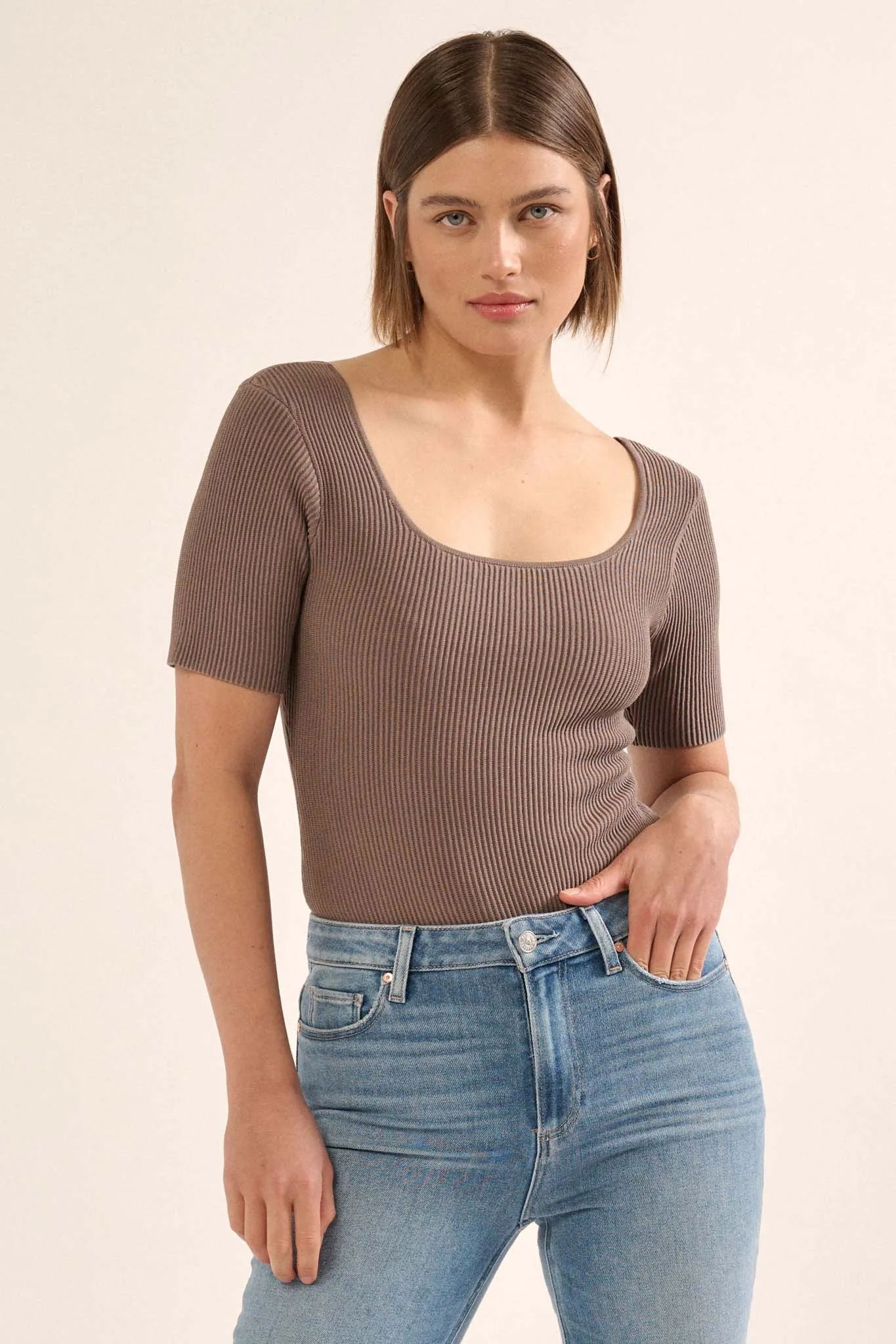 Shaper Fit Scoopneck Rib-Knit Short-Sleeve Bodysuit