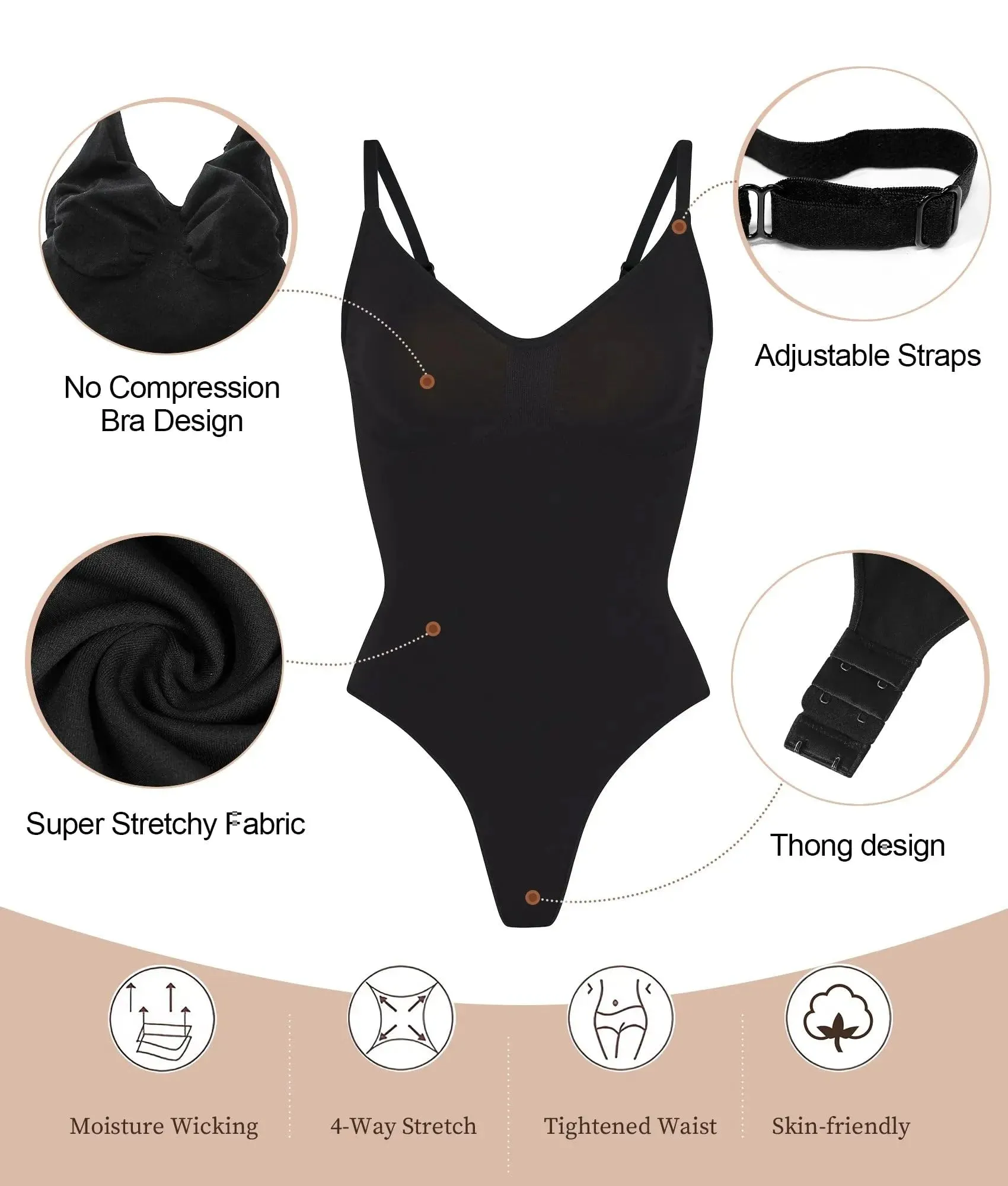 SHAPERX Women's Shapewear Bodysuit Tummy Control Body Shaper Seamless Sculpting Snatched Waist Body Suit,SZ5215-Black-L/XL