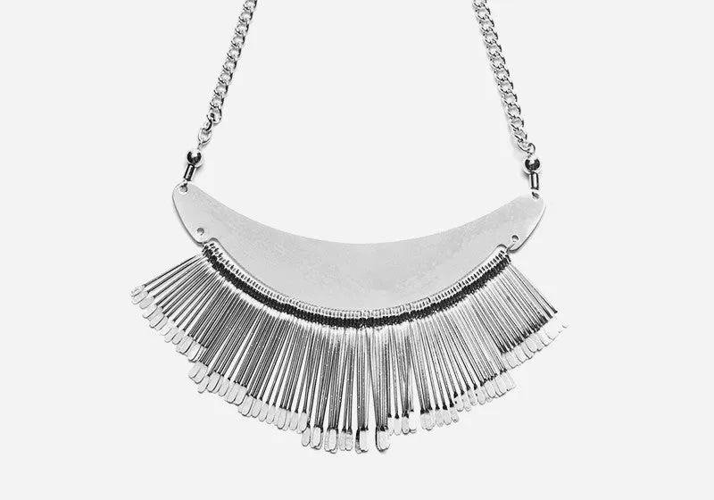 Silver Fringe Bib Statement Necklace