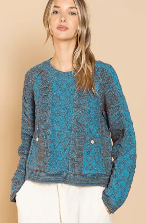 Soft Elegant Sea Blue Sweater with Lurex thread, Cables and Pockets YST192