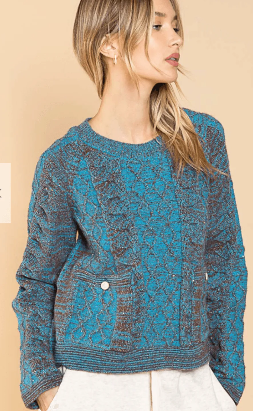 Soft Elegant Sea Blue Sweater with Lurex thread, Cables and Pockets YST192