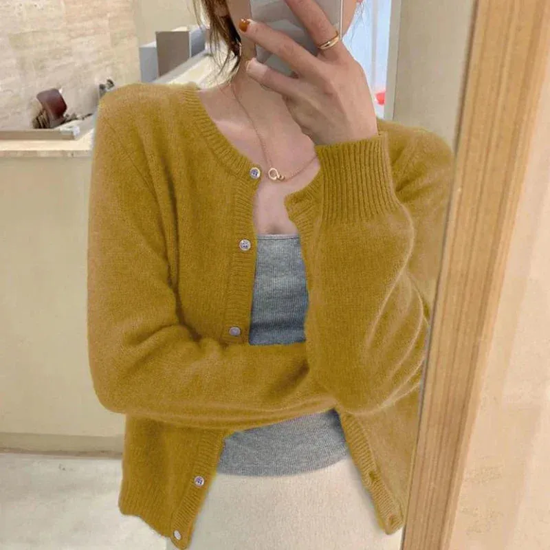 Solid Color Knitted Cardigan Round Neck Sweater