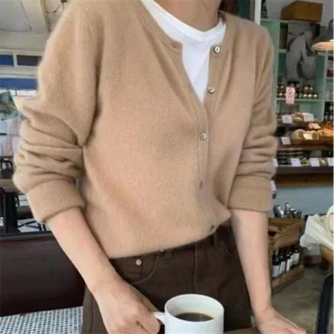 Solid Color Knitted Cardigan Round Neck Sweater