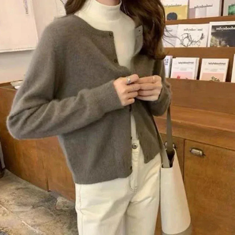 Solid Color Knitted Cardigan Round Neck Sweater