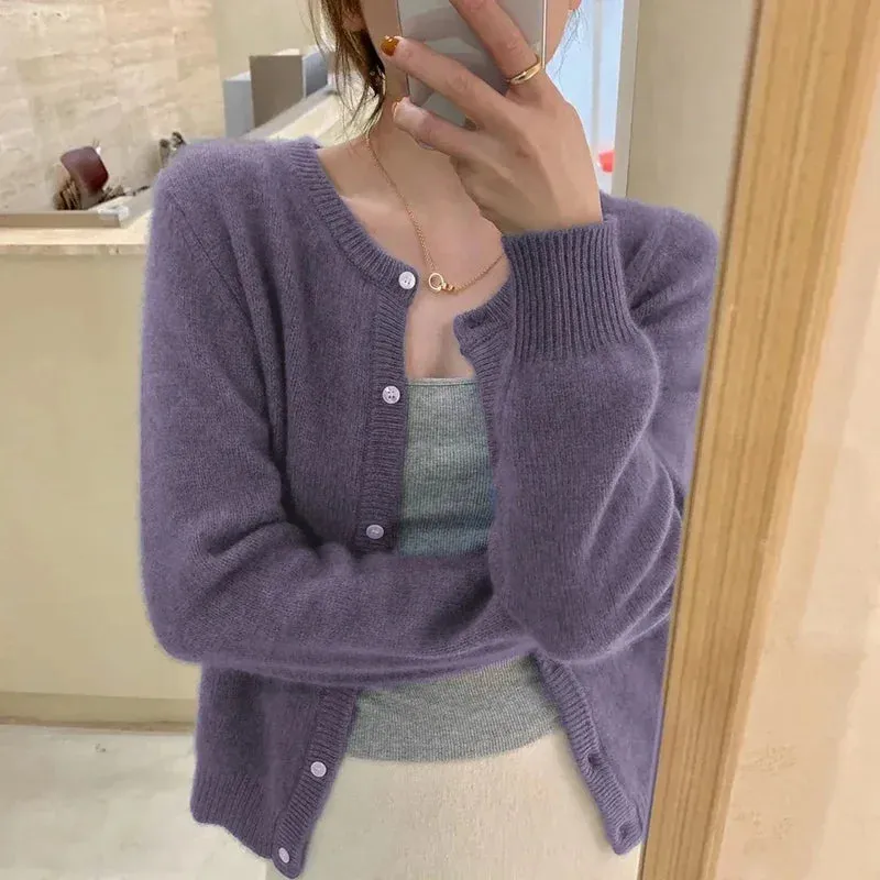 Solid Color Knitted Cardigan Round Neck Sweater