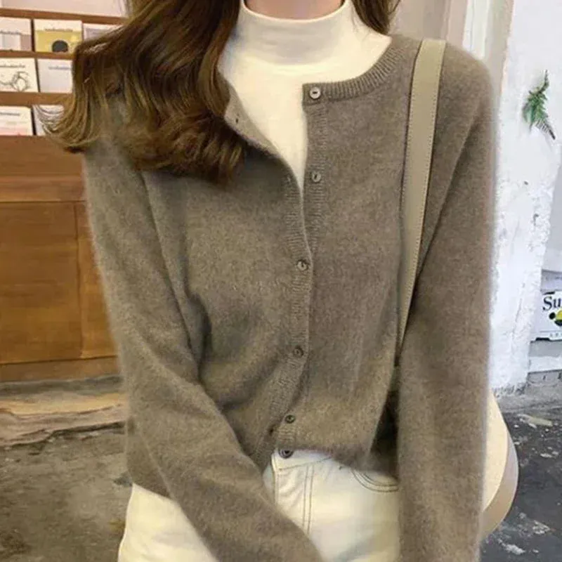 Solid Color Knitted Cardigan Round Neck Sweater