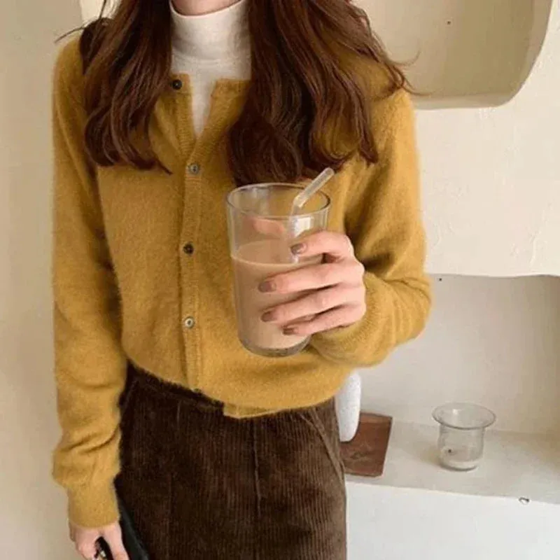 Solid Color Knitted Cardigan Round Neck Sweater