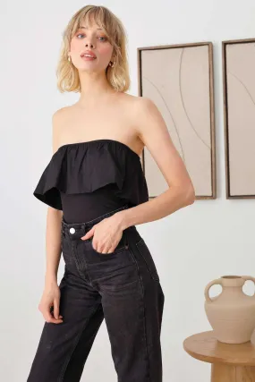 Strapless Solid Ruffle Trim Neckline Thong  Bodysuit