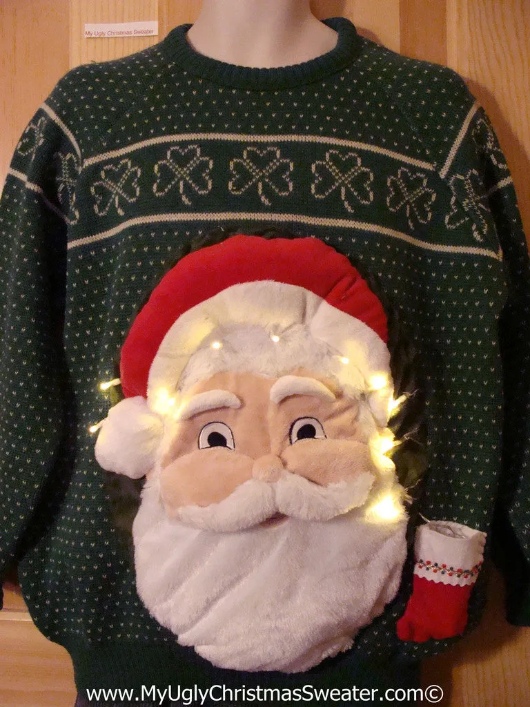 Tacky 3D Ugly Christmas Irish Shamrocks Sweater Mens Puffy Santa with Lights (A56)