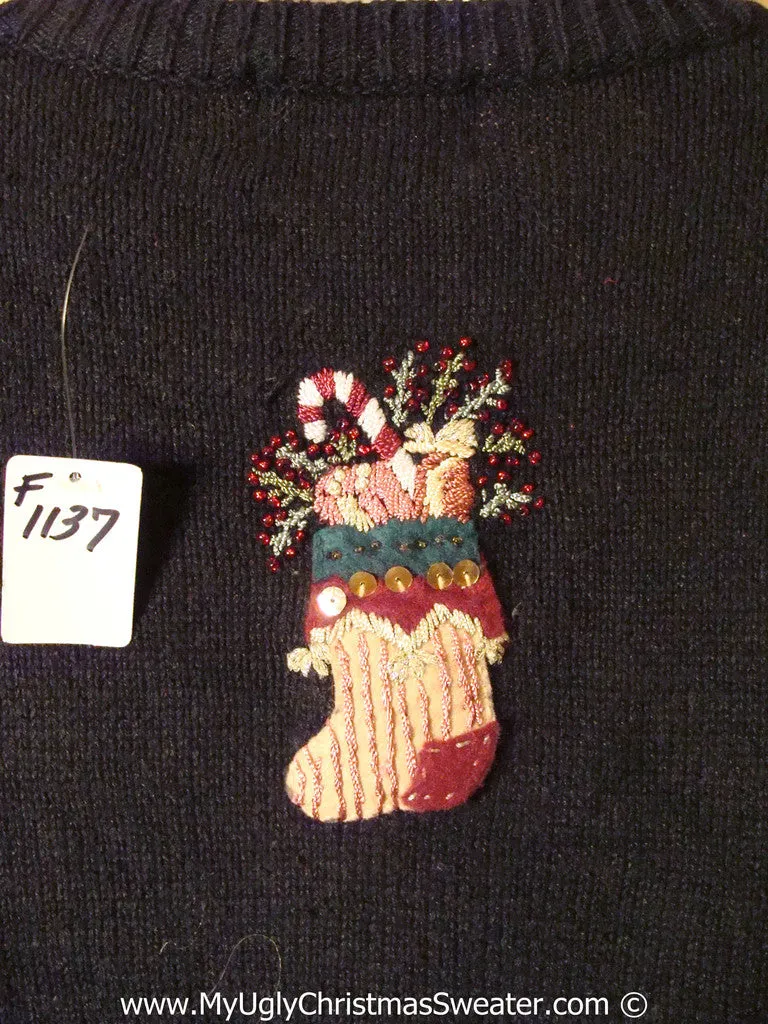 Tacky Cheesy Holiday Sweater with 80s Style Padded Shoulders and Festive Rows of Stockings (f1137)