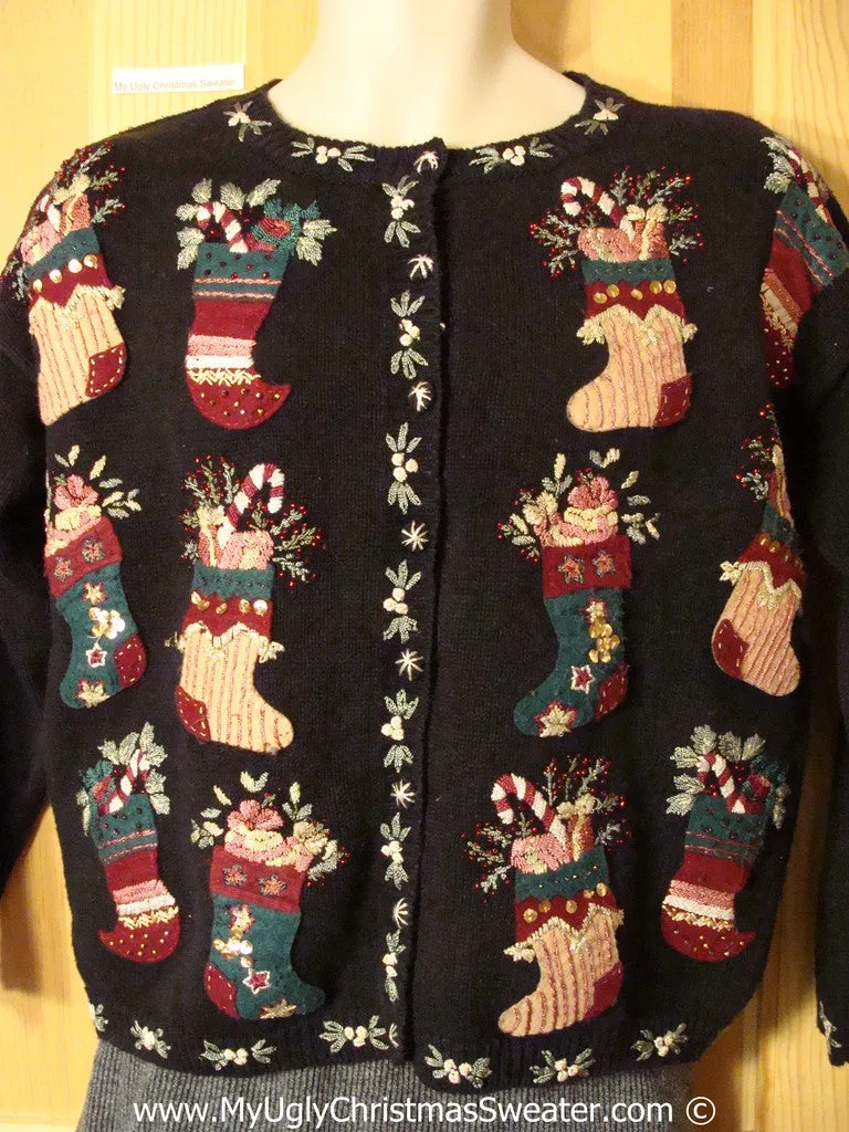 Tacky Cheesy Holiday Sweater with 80s Style Padded Shoulders and Festive Rows of Stockings (f1137)