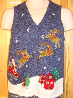 Tacky Holiday Sweater Vest with Santa and his Reindeer Flying in Night over a Winter Scene  (f1023)