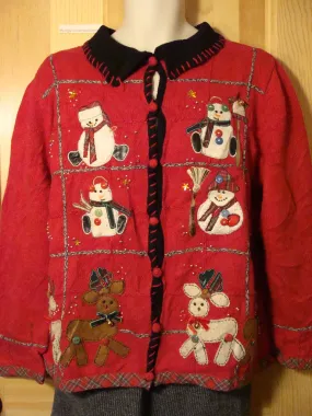 Tacky Red Ugly Christmas Sweater with Snowmen and Reindeer (f463)