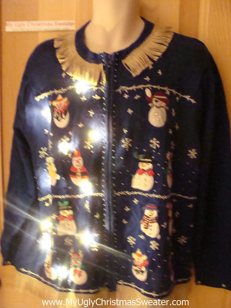 Tacky Ugly Christmas Sweater with Lights and Fringe. Snowmen at a Hat Parade. (g40)