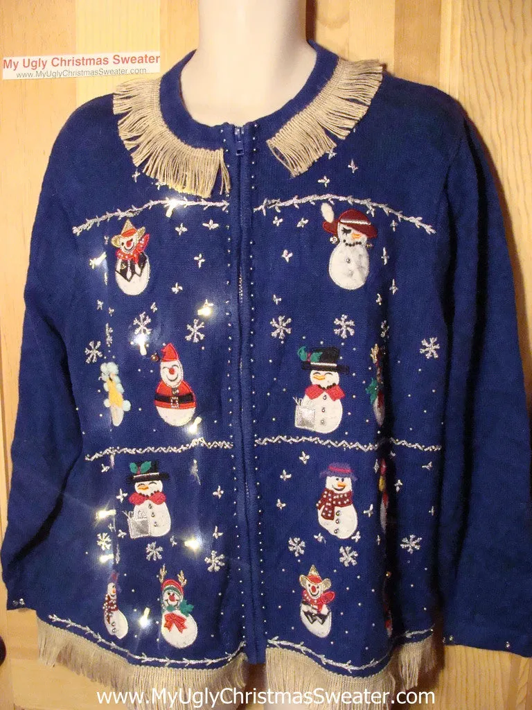 Tacky Ugly Christmas Sweater with Lights and Fringe. Snowmen at a Hat Parade. (g40)