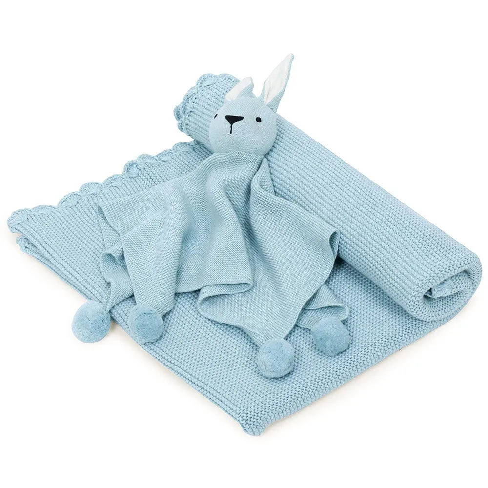 Teddy Bear- Baby Blue Cotton Knitted All Season AC Blanket with Cuddle Cloth Set for Babies