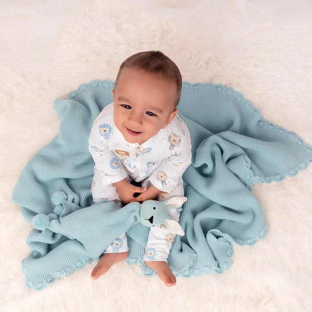 Teddy Bear- Baby Blue Cotton Knitted All Season AC Blanket with Cuddle Cloth Set for Babies