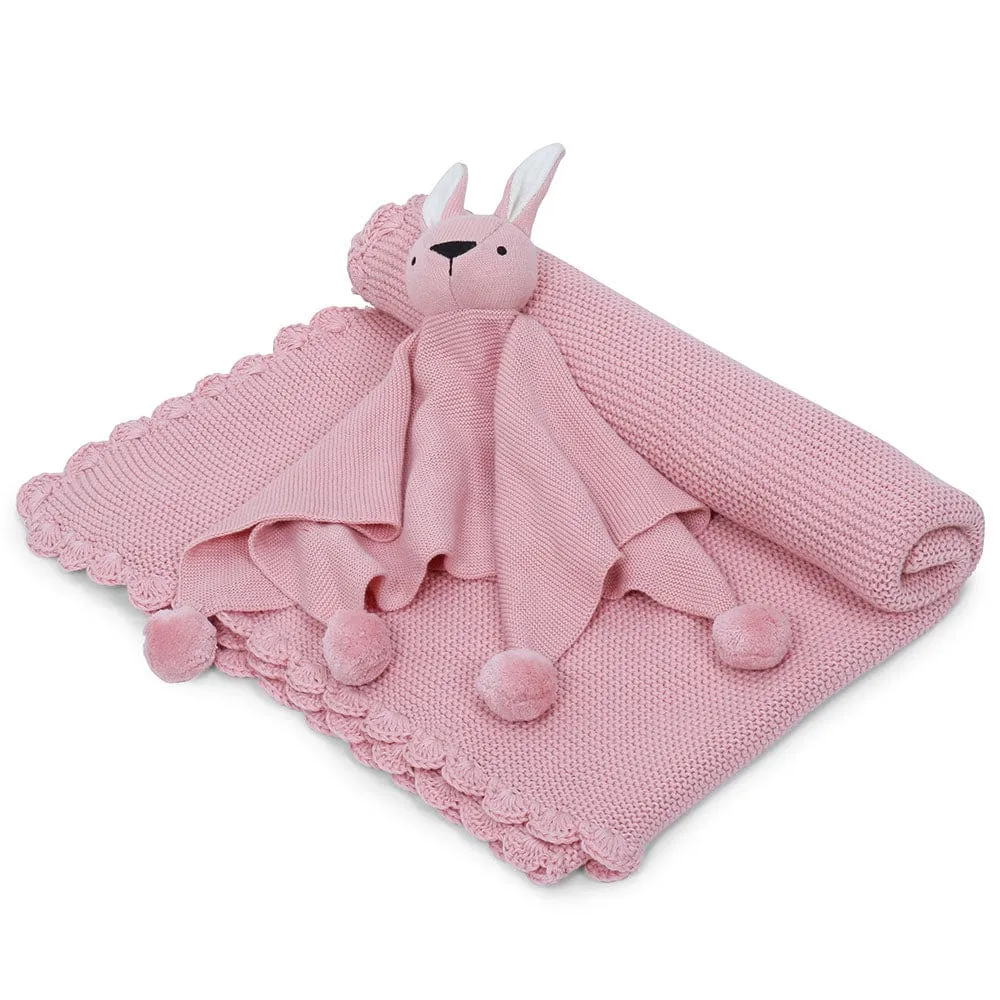 Teddy Bear- Baby Pink Cotton Knitted All Season AC Blanket with Cuddle Cloth Set for Babies