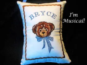 Teddy Bear Head with Bow Musical Baby Pillow -- Personalized Embroidered Baby Keepsake