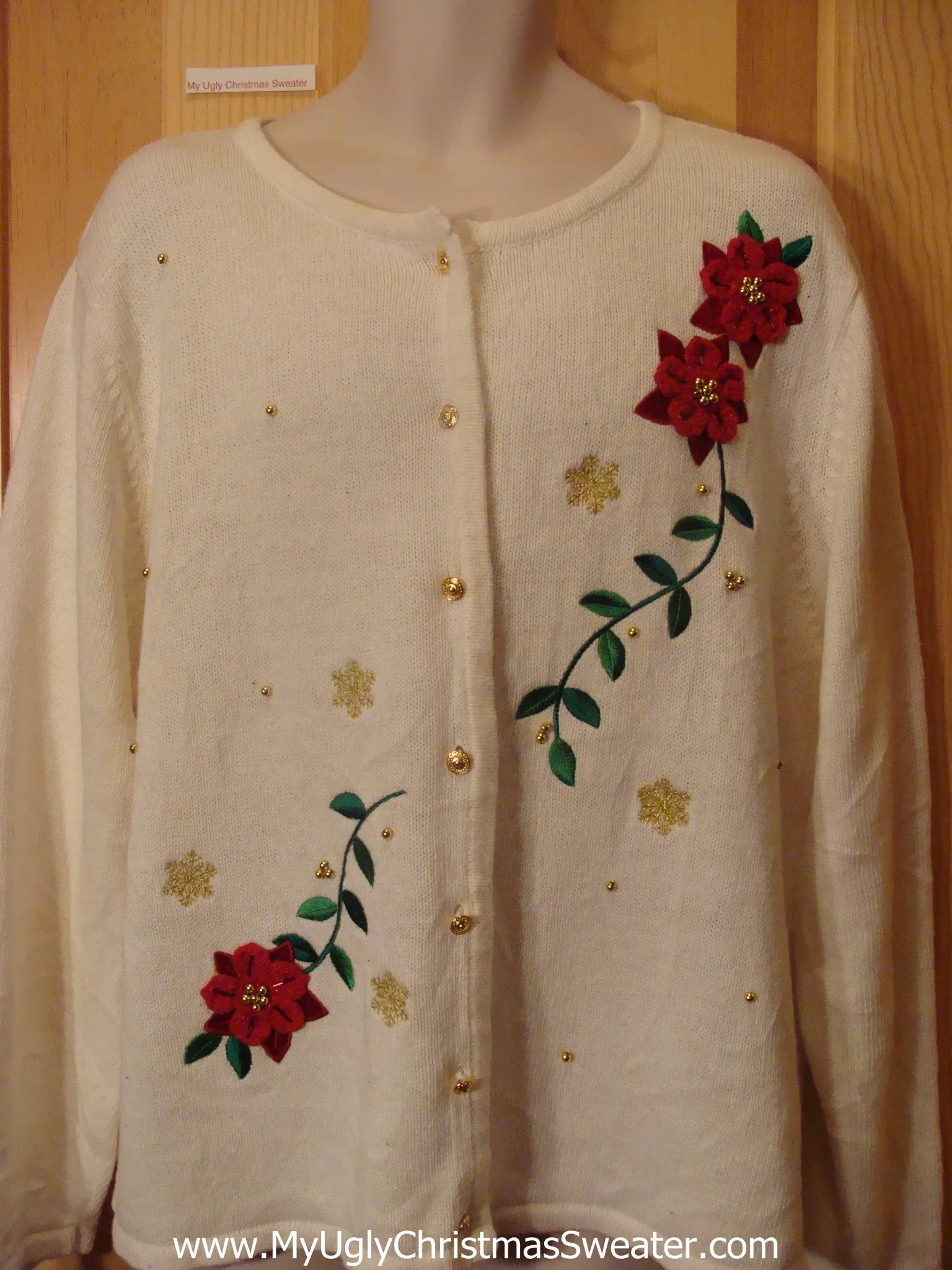 Ugly Christmas Sweater Party Cardigan with Poinsettias