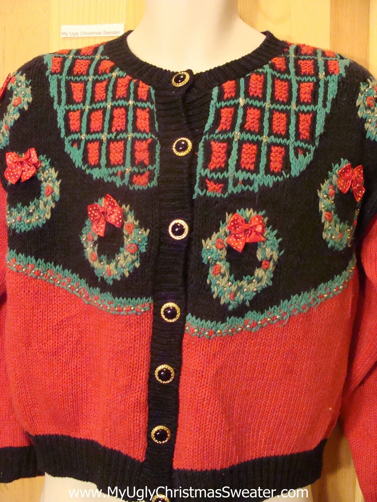 Ugly Christmas Sweater with 80s Padded Shoulders and Wreaths