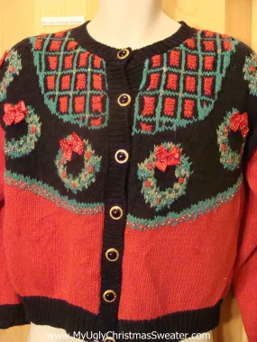 Ugly Christmas Sweater with 80s Padded Shoulders and Wreaths