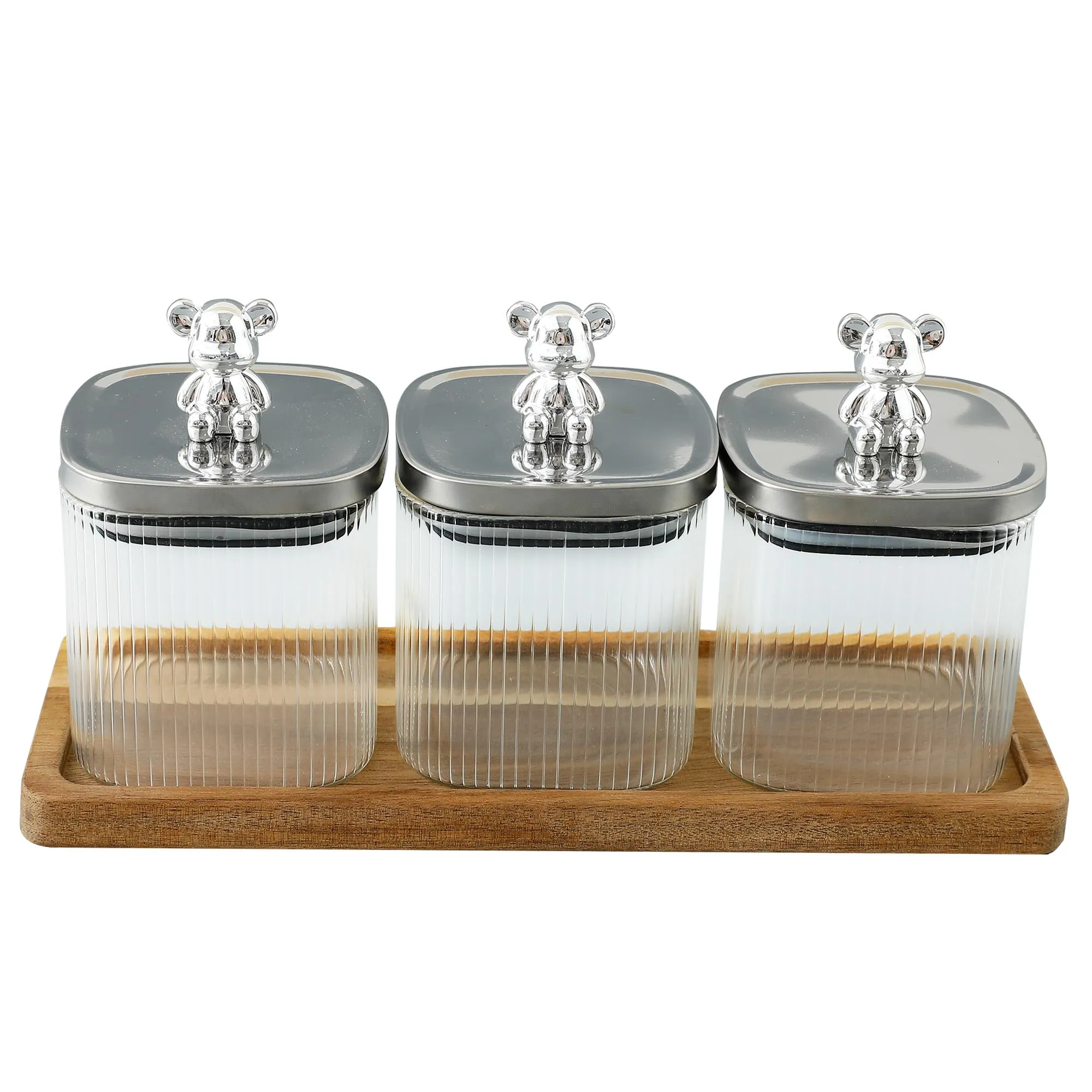 UMAI Borosilicate Glass Jars For Kitchen (Set of 3-350ml Each) Glass Container With Bamboo Tray and Teddy Lid |Air Tight Container For Storage |Dishwasher Safe Container For Kitchen Storage Set