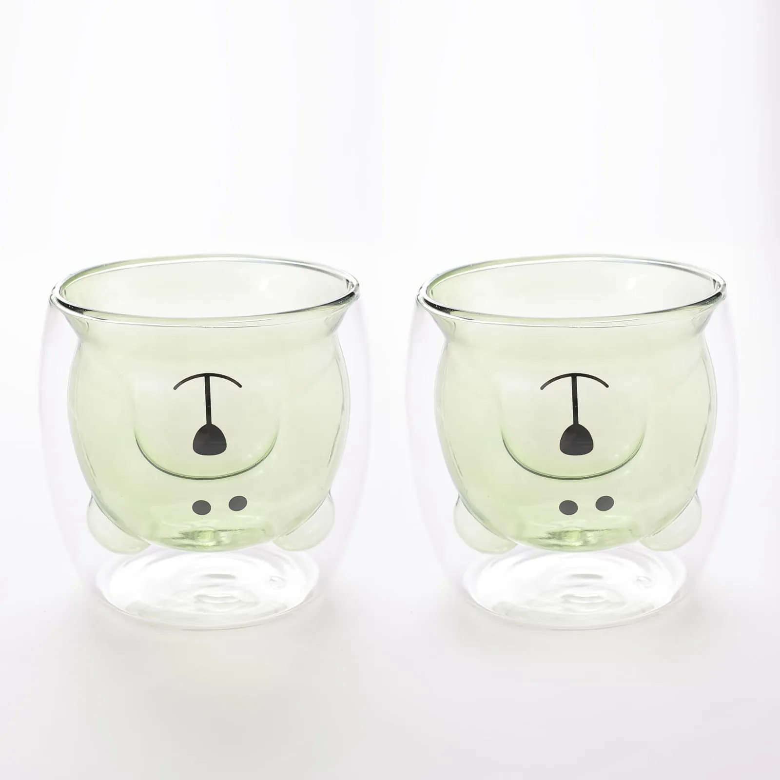 UMAI Cute Teddy Bear Glass Mug Set of 2 I Double Walled Borosilicate 250ml I Transparent I Microwave Safe I Scratch Proof I Coffee Mugs for Couples I Green I Gift for Friends, Family and Loved Ones