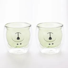 UMAI Cute Teddy Bear Glass Mug Set of 2 I Double Walled Borosilicate 250ml I Transparent I Microwave Safe I Scratch Proof I Coffee Mugs for Couples I Green I Gift for Friends, Family and Loved Ones